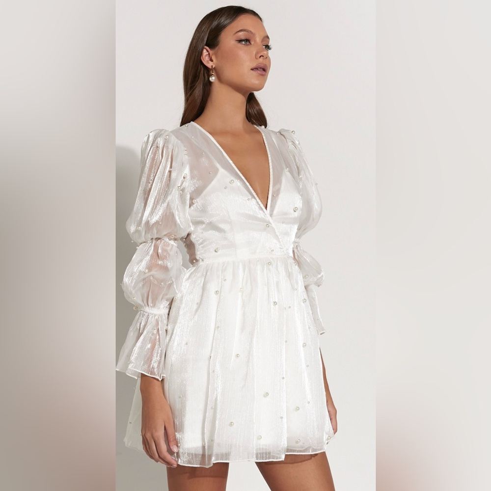 Showpo. Solanna Mini Dress Long Puff Sleeve V Neck Dress in White